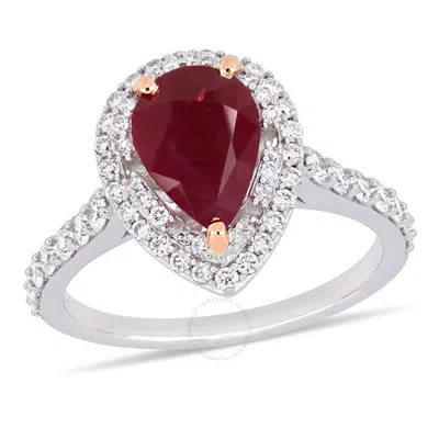 Amour 2 1/4 Ct Tgw Pear Shaped Ruby And 3/4 Ct Diamond Double Halo Ring In 14k 2-tone White & Rose G In Metallic