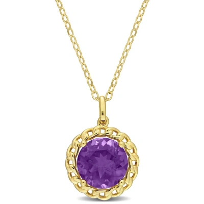 Amour 2 1/4 Tgw African Amethyst Halo Link Pendant With Chain In Yellow Plated Sterling Silver
