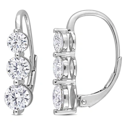 Amour 2 1/5 Ct Dew Created Moissanite Three-stone Leverback Earrings In Sterling Silver In Metallic