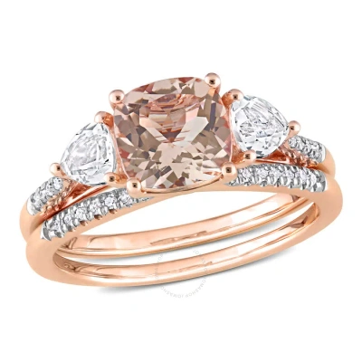 Amour 2 1/5 Ct Tgw Morganite White Topaz And 1/10 Ct Tdw Diamond Bridal Ring Set In 10k Rose Gold In Pink