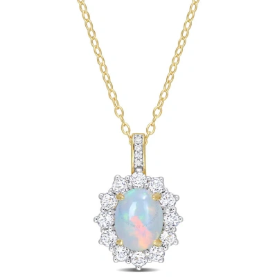 Amour 2 1/6 Ct Tgw Oval Shape Blue Ethiopian Opal And White Topaz And Diamond Accent Halo Pendant Wi