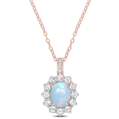 Amour 2 1/6 Ct Tgw Oval Shape Blue Ethiopian Opal And White Topaz And Diamond Accent Halo Pendant Wi In Pink