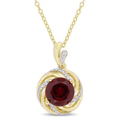 Amour 2 1/7 Ct Tgw Garnet White Topaz And Diamond Swirl Pendant With Chain In Yellow Plated Sterling In Red