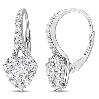 Amour 2 2/5 Ct Tgw Created White Sapphire Halo Heart Leverback Earrings In Sterling Silver In Metallic