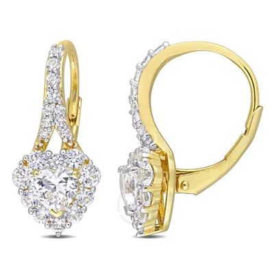 Amour 2 2/5 Ct Tgw Created White Sapphire Halo Heart Leverback Earrings In Yellow Plated Sterling Si In Gold
