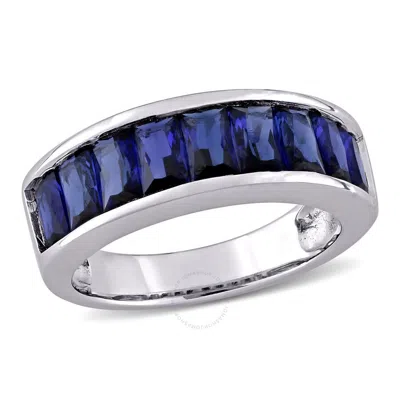 Amour 2 3/4 Ct Tgw Baguette-cut Created Blue Sapphire Semi-eternity Anniversary Band In Sterling Sil
