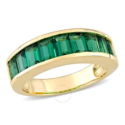 Amour 2 3/4 Ct Tgw Baguette-cut Created Emerald Semi-eternity Anniversary Band In Sterling Silver In Yellow