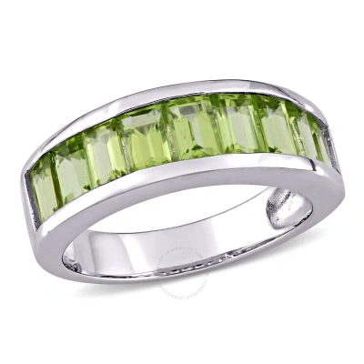 Amour 2 3/4 Ct Tgw Baguette-cut Peridot Semi-eternity Anniversary Band In Sterling Silver In White