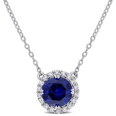 Amour 2 3/4 Ct Tgw Created Blue Sapphire Created White Sapphire Circular Pendant With Chain In Sterl In Metallic