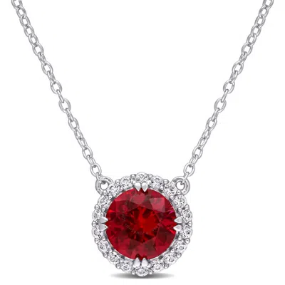 Amour 2 3/4 Ct Tgw Created Ruby Created White Sapphire Circular Halo Pendant With Chain In Sterling In Metallic