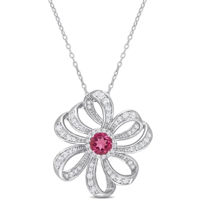 Amour 2 3/4 Ct Tgw Pink Topaz And White Topaz Flower Pendant With Chain In Sterling Silver In Metallic