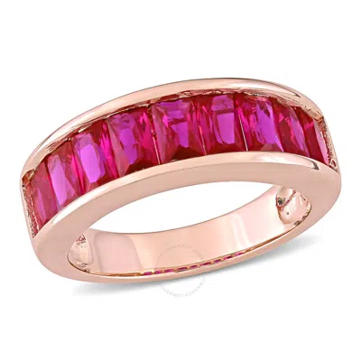 Amour 2 3/4ct Tgw Baguette-cut Created Ruby Semi-eternity Anniversary Band In Rose Plated Sterling S In Pink