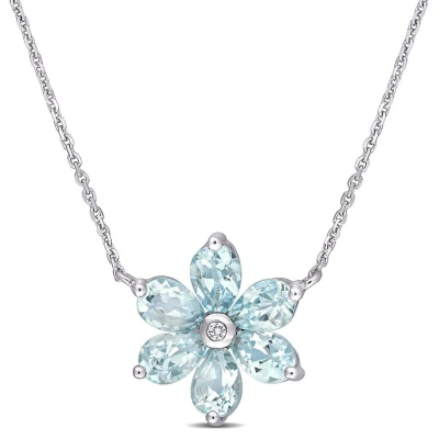 Amour 2 3/8 Ct Tgw Aquamarine And Diamond Accent Floral Pendant With Chain In 14k White Gold