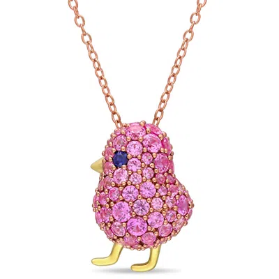 Amour 2 3/8 Ct Tgw Created Blue And Pink Sapphire Cluster Bird Necklace In 2-tone Rose And Yellow Pl
