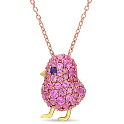 Amour 2 3/8 Ct Tgw Created Blue And Pink Sapphire Cluster Bird Necklace In 2-tone Rose And Yellow Pl In White