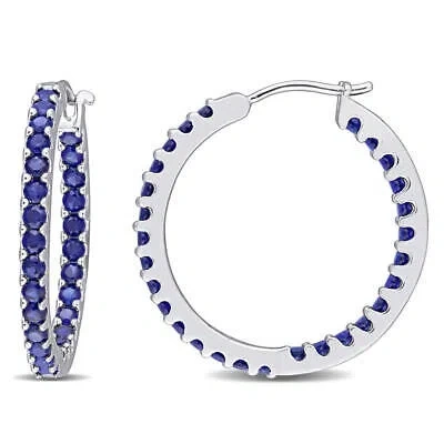 Pre-owned Amour 2 4/5 Ct Tgw Created Blue Sapphire Inside Outside Hoop Earrings In 10k In White