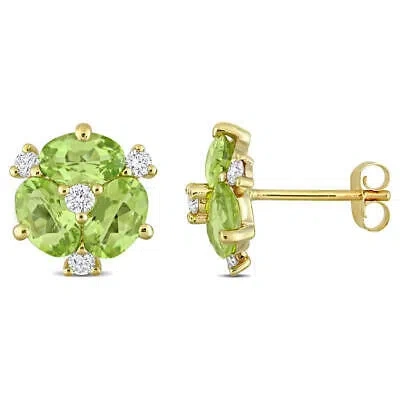 Pre-owned Amour 2 4/5 Ct Tgw Peridot And 1/4 Ct Tdw Diamond Oval Stud Earrings In 14k In Yellow