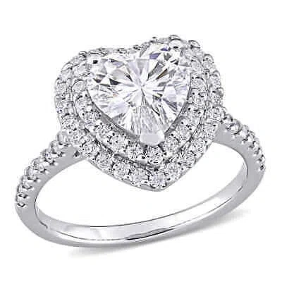 Pre-owned Amour 2 5/8 Ct Dew Created Moissanite Double Heart Halo Engagement Ring In 10k In White