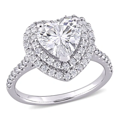 Amour 2 5/8 Ct Dew Created Moissanite Double Heart Halo Engagement Ring In 10k White Gold