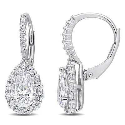 Pre-owned Amour 2 5/8 Ct Dew Created Moissanite Teardrop Halo Leverback Earrings In In White
