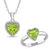 AMOUR AMOUR 2 5/8 CT TGW HEART-CUT PERIDOT PENDANT WITH CHAIN AND RING SET IN STERLING SILVER