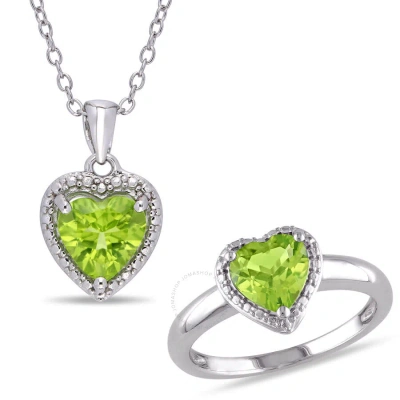 Amour 2 5/8 Ct Tgw Heart-cut Peridot Pendant With Chain And Ring Set In Sterling Silver In Green