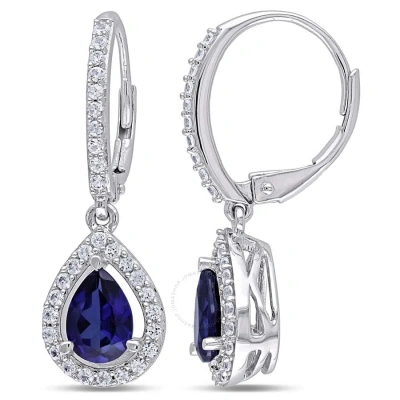 Amour 2 7/8 Ct Tgw Created Blue And White Sapphire Teardrop Leverback Earrings In Sterling Silver In Green