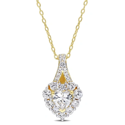 Amour 2 7/8 Ct Tgw Created White Sapphire Halo Heart Pendant With Chain In Yellow Plated Sterling Si