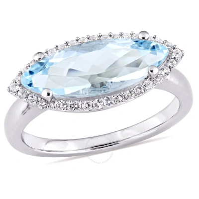 Amour 2 7/8 Ct Tgw Marquise Shape Blue Topaz And White Topaz Halo Ring In Sterling Silver