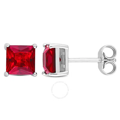 Amour 2 7/8 Ct Tgw Square Created Ruby Stud Earrings In Sterling Silver In Metallic