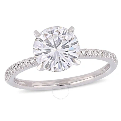 Amour 2 Ct Dew Created Moissanite And 1/10 Ct Tw Diamond Engagement Ring In 14k White Gold In Gold / Gold Tone / White