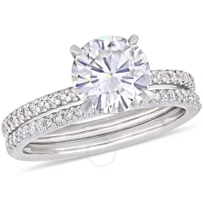 Amour 2 Ct Dew Created Moissanite And 1/4 Ct Tw Diamond Bridal Set In 14k White Gold In Gold / Gold Tone / White