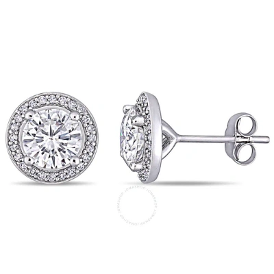 Amour 2 Ct Dew Created Moissanite And 1/5 Ct Tw Diamond Halo Stud Earrings In 14k White Gold