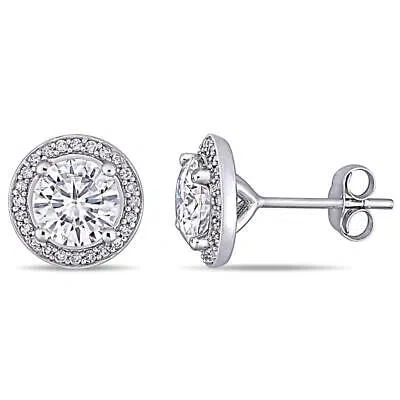 Pre-owned Amour 2 Ct Dew Created Moissanite And 1/5 Ct Tw Diamond Halo Stud Earrings In In White