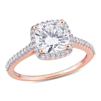 Amour 2 Ct Dew Created Moissanite Cushion And 1/4 Ct Tw Diamond Halo Engagement Ring In 14k Rose Gol In Metallic
