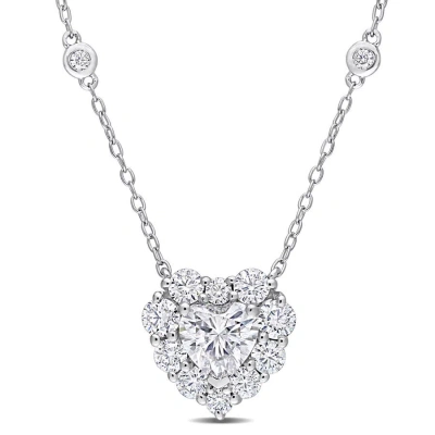 Amour 2 Ct Dew Created Moissanite Halo Heart Necklace In Sterling Silver In Metallic