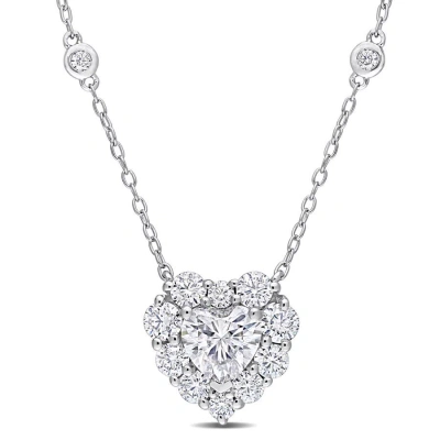 Amour 2 Ct Dew Created Moissanite Halo Heart Necklace In Sterling Silver In White