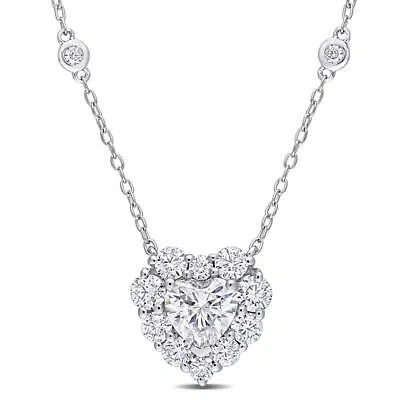 Pre-owned Amour 2 Ct Dew Created Moissanite Halo Heart Necklace In Sterling Silver In White