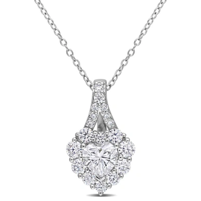 Amour 2 Ct Dew Created Moissanite Halo Heart Pendant With Chain In Sterling Silver In White