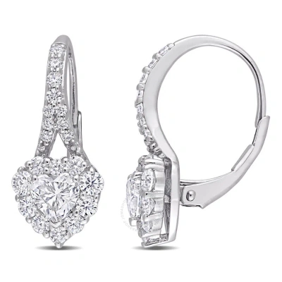 Amour 2 Ct Dew Created Moissanite Heart Halo Leverback Earrings In Sterling Silver In Metallic