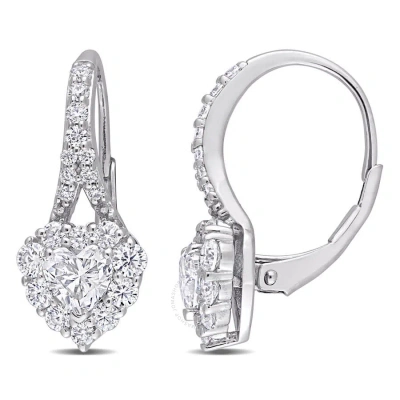 Amour 2 Ct Dew Created Moissanite Heart Halo Leverback Earrings In Sterling Silver In White