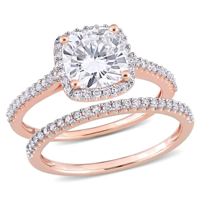 Amour 2 Ct Dew Cushion Created Moissanite And 1/3 Ct Tw Diamond Bridal Ring Set In 14k Rose Gold In White