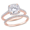 AMOUR AMOUR 2 CT DEW CUSHION CREATED MOISSANITE AND 1/3 CT TW DIAMOND BRIDAL RING SET IN 14K ROSE GOLD
