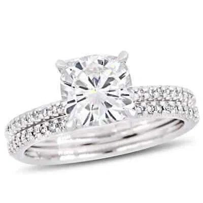 Pre-owned Amour 2 Ct Dew Cushion Created Moissanite And 1/4 Ct Tw Diamond Bridal Set In In Check Description
