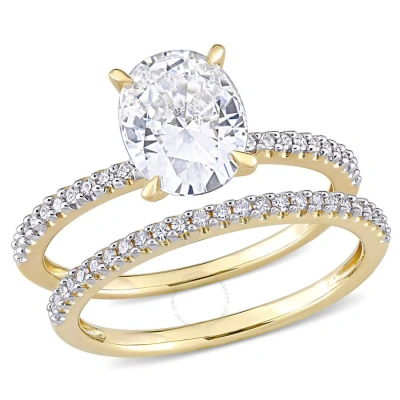 Amour 2 Ct Dew Oval Created Moissanite And 1/4 Ct Tw Diamond Bridal Ring Set In 14k Yellow Gold