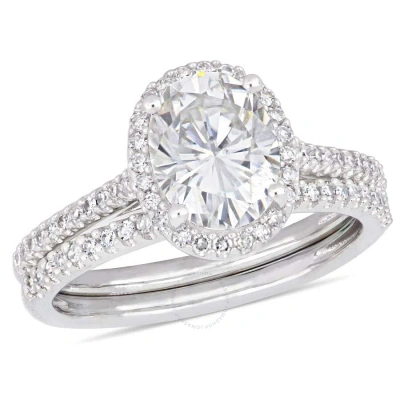 Amour 2 Ct Dew Oval-cut Moissanite And 1/3 Ct Tw Diamond Bridal Set In 14k White Gold In Metallic