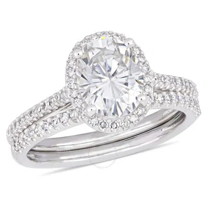 Amour 2 Ct Dew Oval-cut Moissanite And 1/3 Ct Tw Diamond Bridal Set In 14k White Gold In Gold / Gold Tone / White