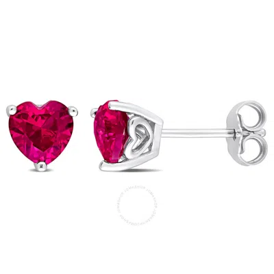 Amour 2 Ct Tgw Heart Shape Created Ruby Stud Earrings In Sterling Silver In Neutral