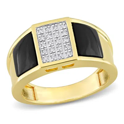 Amour 2 Ct Tgw Square Black Onyx And 1/10 Ct Tw Diamond Men's Ring In Yellow Plated Sterling Silver In Gold