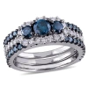 AMOUR AMOUR 2 CT TW BLUE AND WHITE DIAMOND 3-STONE CLUSTER 3-PC BRIDAL RING SET IN 10K WHITE GOLD WITH BLA